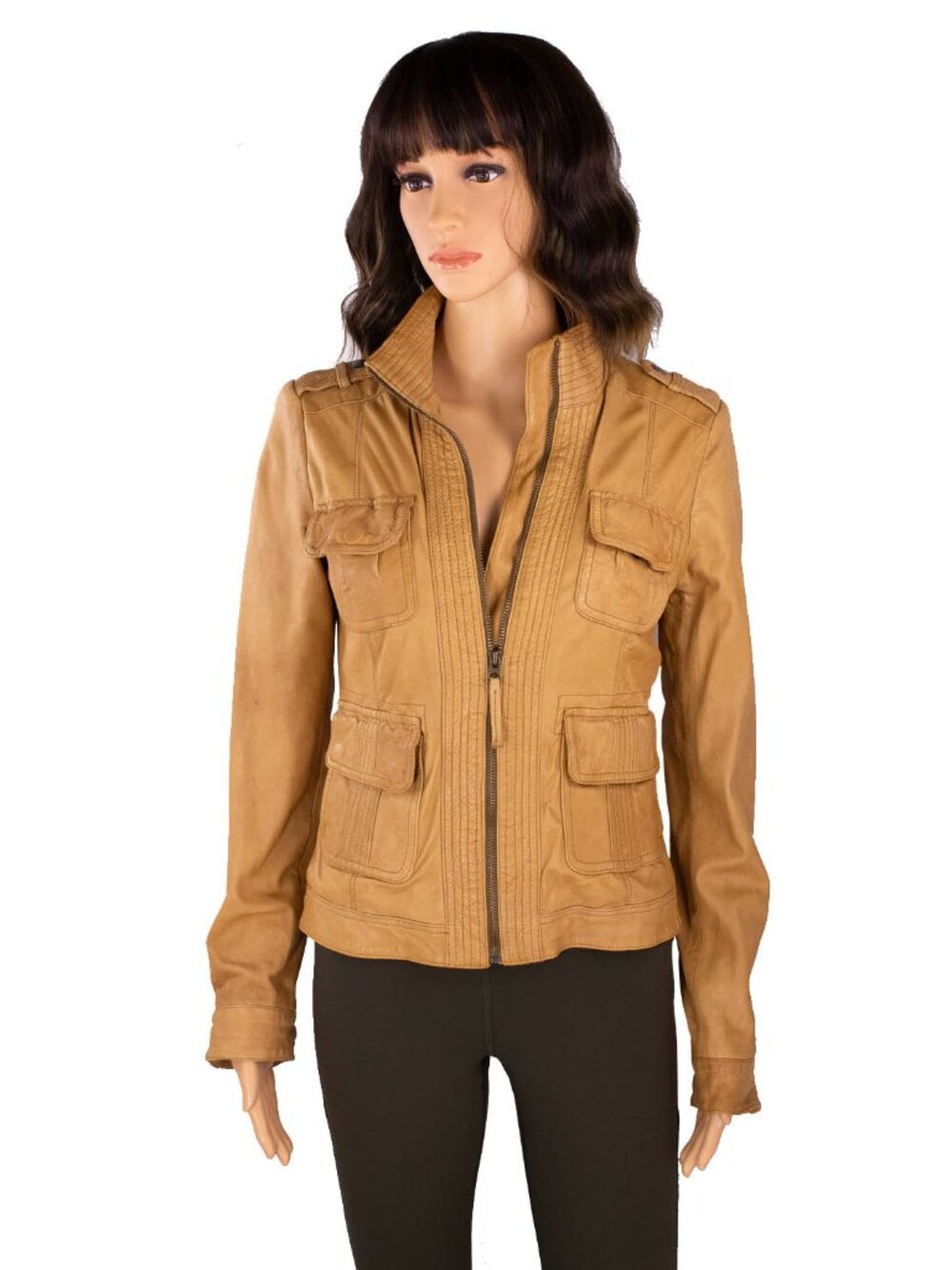 Lucky Brand Collection Soft Lambskin Leather Jacket Tan Cargo Pockets Sm Vintage